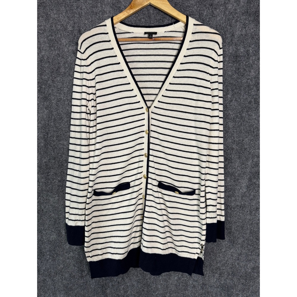 Talbots Cardigan Women 2 Blue Striped Nautical Gold Button Preppy Classic Work‎